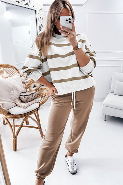Women's Cozy Casual Chic Loungewear Set - Light French Beige Drop Shoulder Pullover & Jogger Pants for Ultimate Comfort