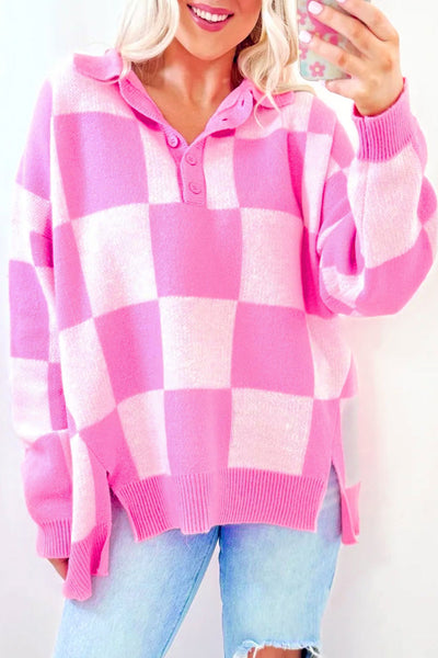Cozy Women's Pink Checkerboard Drop Shoulder Sweater with Half Button Collar - Effortlessly Chic Casual Style