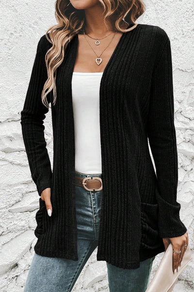 Stylish Women's Black Ribbed Knit Cardigan with Pockets - Comfortable Open Front Layer for Versatile Outfits