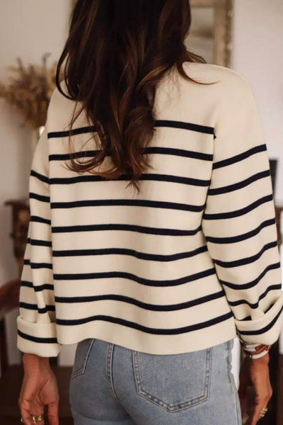 Stylish Women's Black Striped Cardigan Sweater with Flap Pockets and Button Closure for Effortless Layering