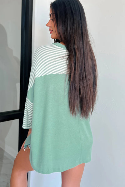 Women's Casual Aqua Striped Oversized Tee with Bracelet Sleeves & Stylish Patchwork Design for Effortless Everyday Wear