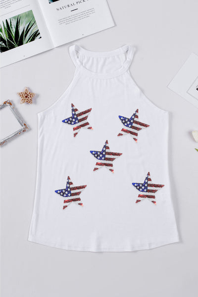 White Glittering American Flag Star Print Tank Top