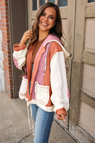 women's coral quilted hooded jacket - textured patchwork design, loose fit, easy and wearable outerwear made for easy styling and wardrobe with