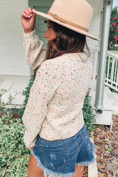 Trendy Women's Apricot Confetti Print Puff Sleeve Sweater - Cozy Fall Fashion Essential for Effortless Style
