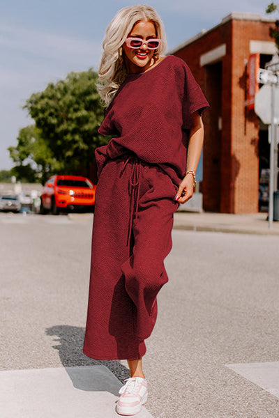 Women's Red Dahlia Textured Lounge Set: Loose Fit T-Shirt & Cozy Drawstring Pants for Casual Comfort