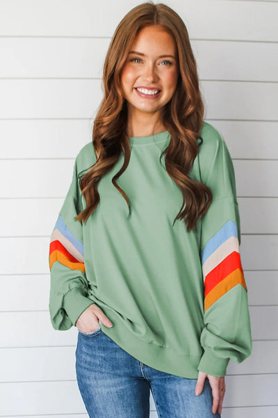 Cozy Women's Moonlight Jade Loose Fit Crew Neck Sweatshirt with Rainbow Stripes - Perfect for Everyday Casual Style