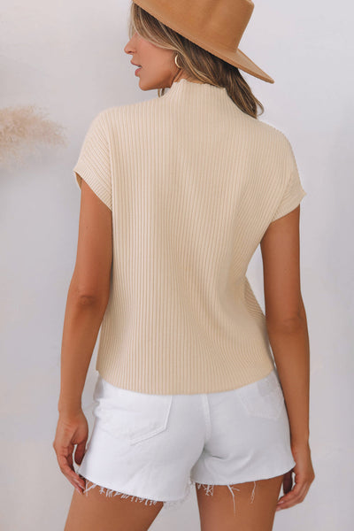 Cozy Women's Oatmeal Ribbed Knit Short Sleeve Sweater with Pockets - Casual Everyday Style for Effortless Comfort