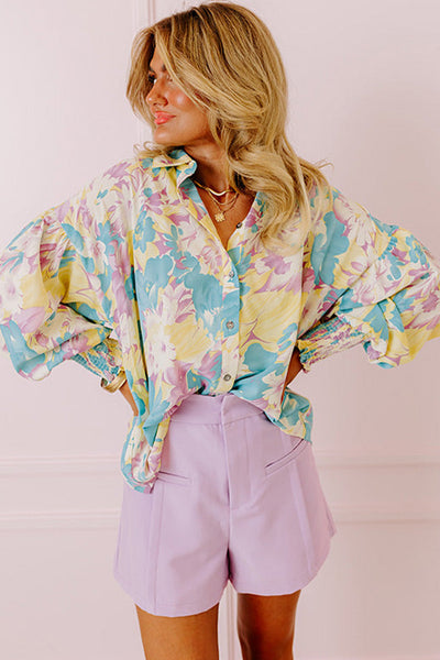 Chic Women's Oversized Yellow Floral Shirt with Shirred Cuffs for Effortless, Relaxed Style and Comfort
