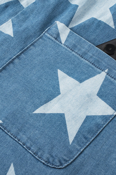 Women's Star Print Buttoned Strap Pleat Wide Leg Denim Overall