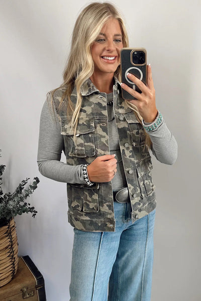 Women's Casual Green Camouflage Denim Vest with Button Closure and Functional Cargo Pockets for a Trendy Look made for easy styling and wardrobe