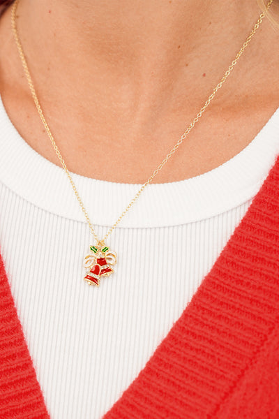 Women's Gold-Plated Festive Bell Pendant Necklace with Rhinestones
