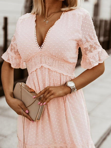 Women's V-Neck Ruffle Sleeve Swiss Dot Midi Dress