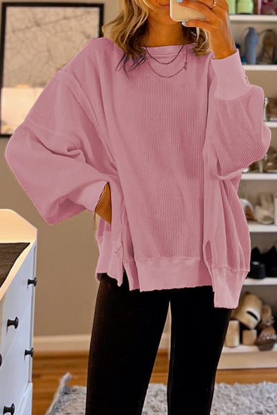 Chic Women's Pink Oversized Waffle Knit Top with Bishop Sleeves & Side Split for Effortless Casual Style