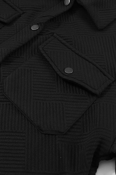 Trendy Women's Black Textured Flap Pocket Shacket - Stylish Button-Up Layer for Fall Fashion and Cozy Outfits