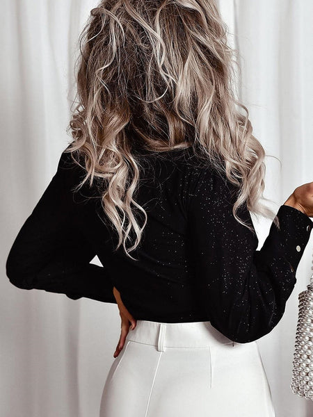 Shimmering Black V Neck Puff Sleeve Wrap Blouse