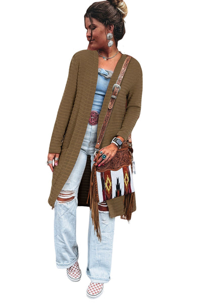 Chic Women's Camel Striped Knit Duster Cardigan with Double Pockets - Effortless Open Front Layer for Stylish Comfort