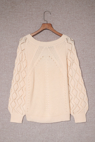 Chic Beige Women's Hollow-Out Knit Sweater with Puffy Sleeves Cozy Fall Fashion Essential for Stylish Ladies