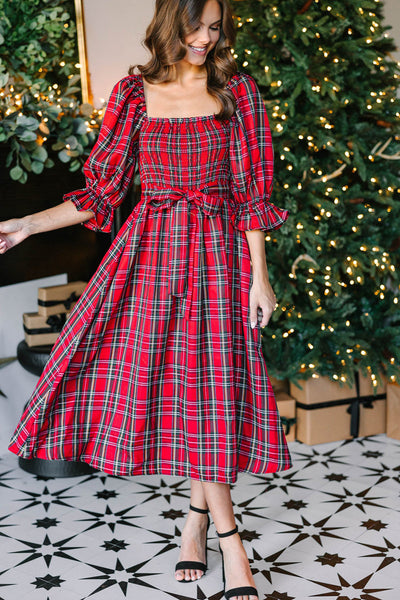 Women's Flattering Women's Red Tartan Midi Dress with Puff Sleeves, Square Neck, and Stylish Knot Waist Detail