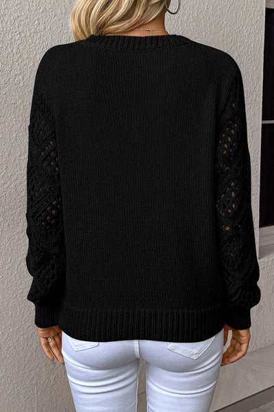 Women's Black V-Neck Pointelle Knit Sweater with Contrast Sleeves