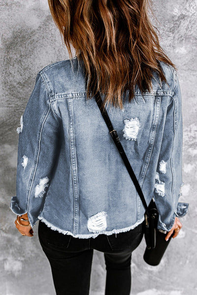 Women's Sky Blue Lapel Distressed Raw Hem Buttons Denim Jacket