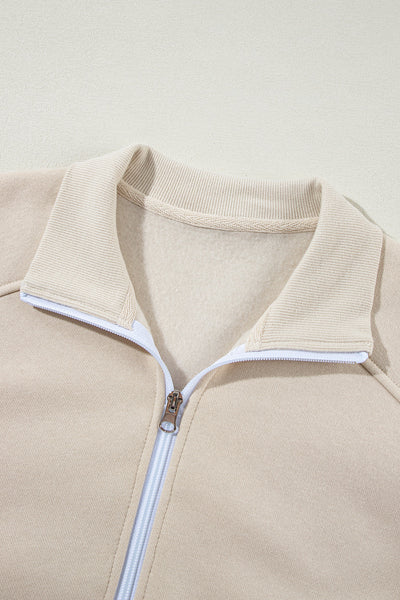 Beige Women's Activewear Set: Stylish Drop Shoulder Zip-Up Jacket & Drawstring Pants for Comfort and Performance