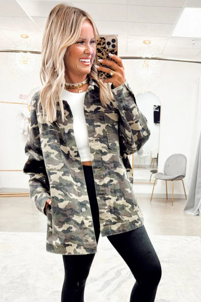 Stylish Women's Green Camo Loose Fit Jean Jacket with Chest Pockets for Effortless Casual Comfort made for easy styling and wardrobe coordination,