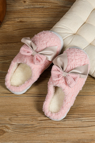 Cozy Pink Plush Winter Slippers for Women with Contrast Bowknot Applique - Stylish and Comfortable Indoor Footwear