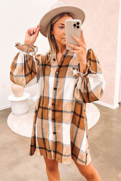 Women's Khaki Plaid Flounce Sleeve Shirt Dress in Cotton Blend