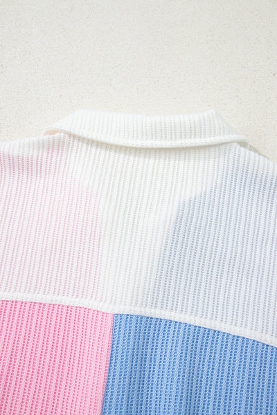 Women's Cozy Multicolor Color Block Waffle Knit Long Sleeve Top with Button Neck - Perfect for Casual Everyday Style