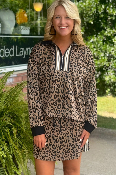 Women's Khaki Leopard Quarter-Zip Top and Mini Skirt Set made for easy styling and wardrobe coordination, with premium-like structure and finish.