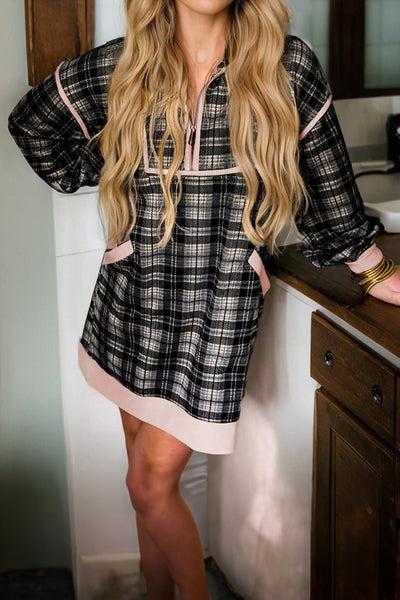 Women's Black Plaid Zip-Front Mini Dress with Pink Contrast Trim