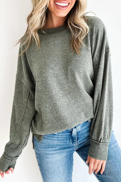 Stylish Women's Mist Green Ribbed Long Sleeve Top with Raw Seam - Comfortable Casual Knitwear for Everyday Wear