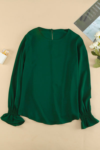 Women's Hunter Green Smocked Cuff Blouse with Bubble Sleeves