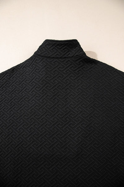 Chic Women's Black Textured Half-Zip Sweatshirt with Collared Neckline for Effortless Casual Style and Cozy Comfort