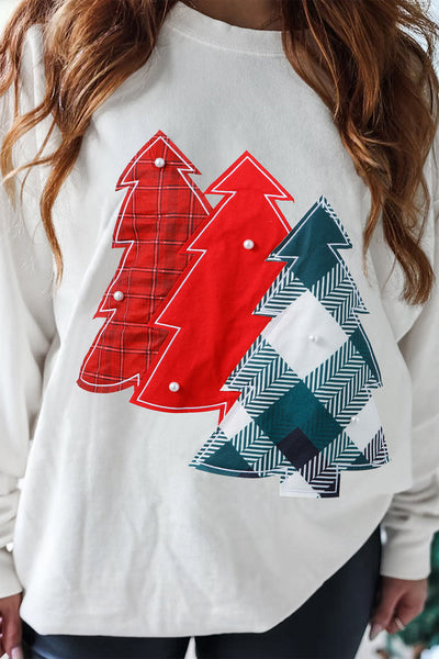 Women's Plaid Christmas Tree Patchwork Sweatshirt with Pearl Accents