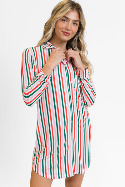 Cozy Women's Pink Stripe Long Sleeve Christmas Lounge Dress - Casual Holiday Style for Ultimate Comfort