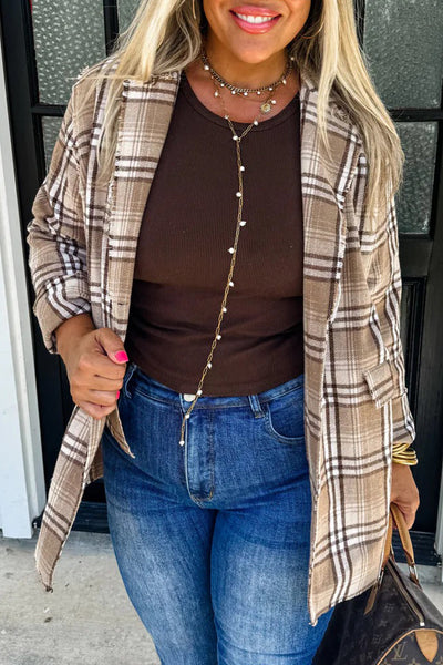 Trendy Women's Khaki Plaid Shacket with Raw Edge - Stylish Open Front Layer for Casual Chic Outfits