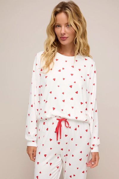 women's cozy women's fiery red heart print long sleeve top and drawstring pants set - perfect casual lounge outfit for relaxation with practical