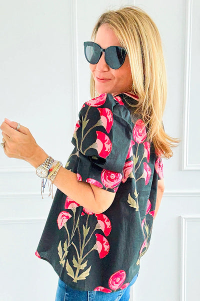 Women's Casual Elegance Black Floral Puff Sleeve Blouse with Striped Contrast - Chic V-Neck Top for Everyday Style