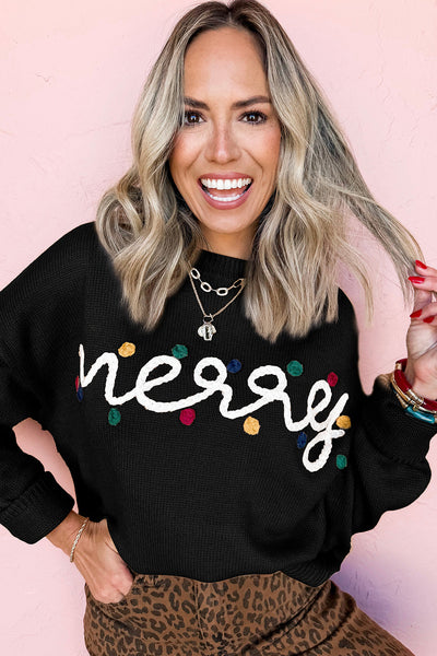 Women's Black Christmas Dolman Sweater with Colorful Dot Details - Cozy Holiday Fashion for Festive Gatherings