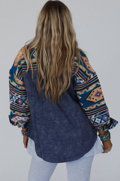 Stylish Women's Dirty Blue Aztec Print Corduroy Shacket - Cozy Button-Down Overshirt for Effortless Layering