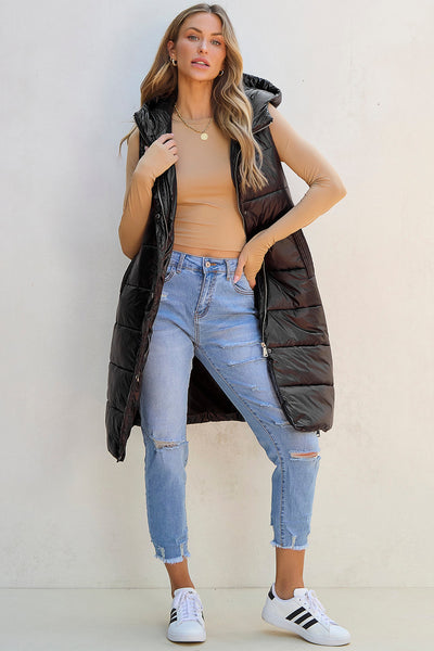 Stylish Women's Black Hooded Quilted Vest Coat - Warm Fall & Winter Layering Essential for Chic Casual Looks
