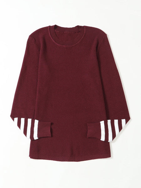 Crimson Ribbed Sleeve Soft Knit Pullover