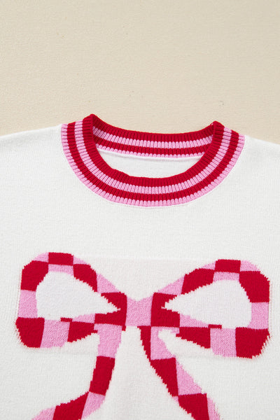 Women's Intarsia Bow Graphic Knit Sweater in White and Crimson
