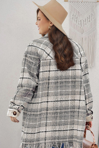 Women's Plus Size Plaid Tweed Shacket with Fringe Hem