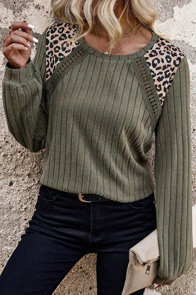 Women's Moss Green Leopard Print Knit Top with Crochet Patchwork Stylish Ribbed Texture for a Chic Fit