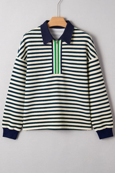 women's chic women's navy blue striped long sleeve top with contrast collar and zip v-neck - casual everyday style with practical styling and