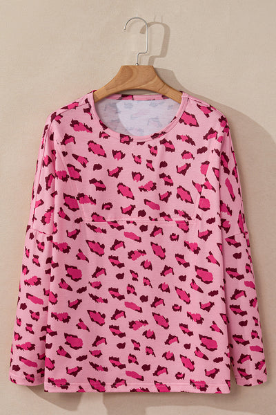Women's Casual Loose Fit Pink Animal Print Long Sleeve Top with Stylish Stitching for Everyday Elegance
