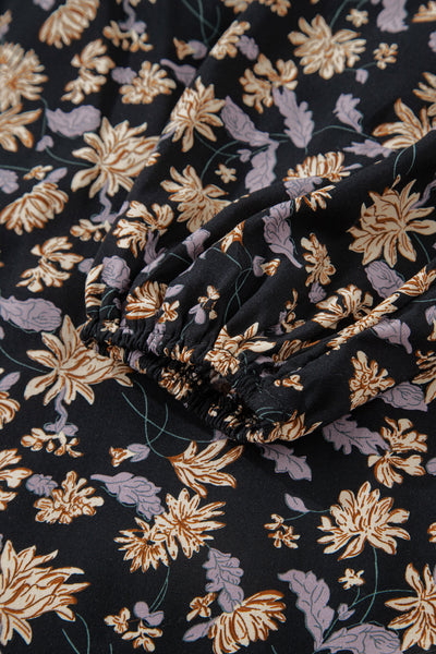 Women's Black Floral V-Neck Smocked Midi Dress with Long Sleeves