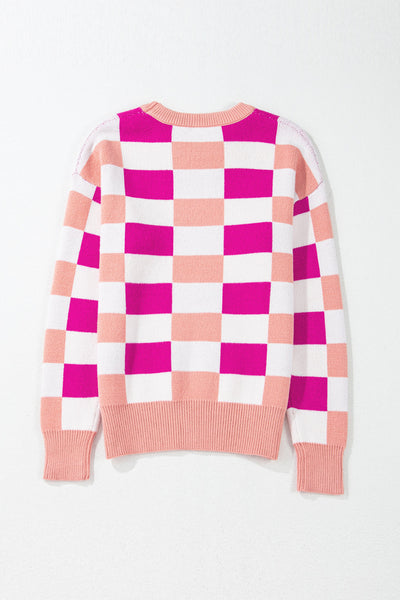Cozy Pink Checkered Ribbed Sweater for Women - Effortless Casual Knit with Drop Shoulders for Ultimate Comfort